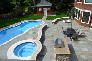 New Bluestone Patio, seating walls & pool capping - Chestnut Hill, MA